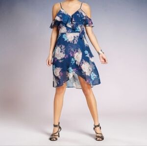 🆕️ Xhilaration Cold Shoulder Faux Wrap Floral Blue Ruffle Dress Size M